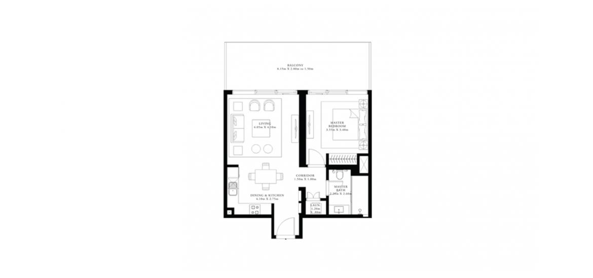 Plano del apartamento «B», 1 dormitorio en GRAND BLEU TOWER