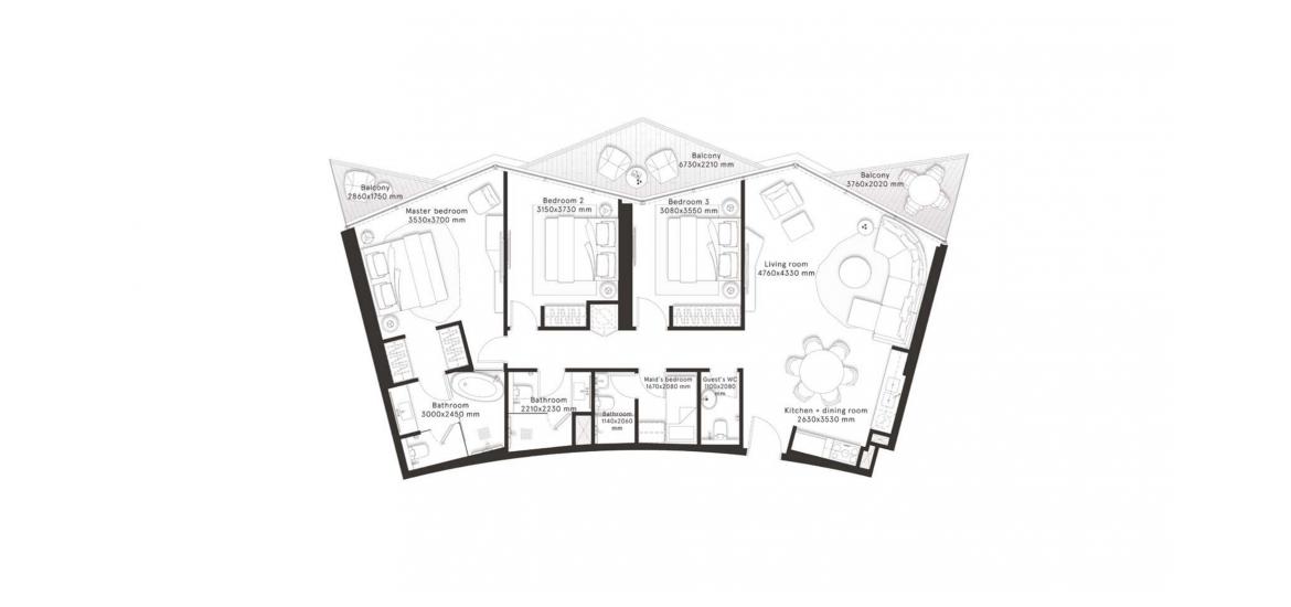 Plan d'étage de l'appartement «A», 3 chambres à W RESIDENCES DUBAI – DOWNTOWN