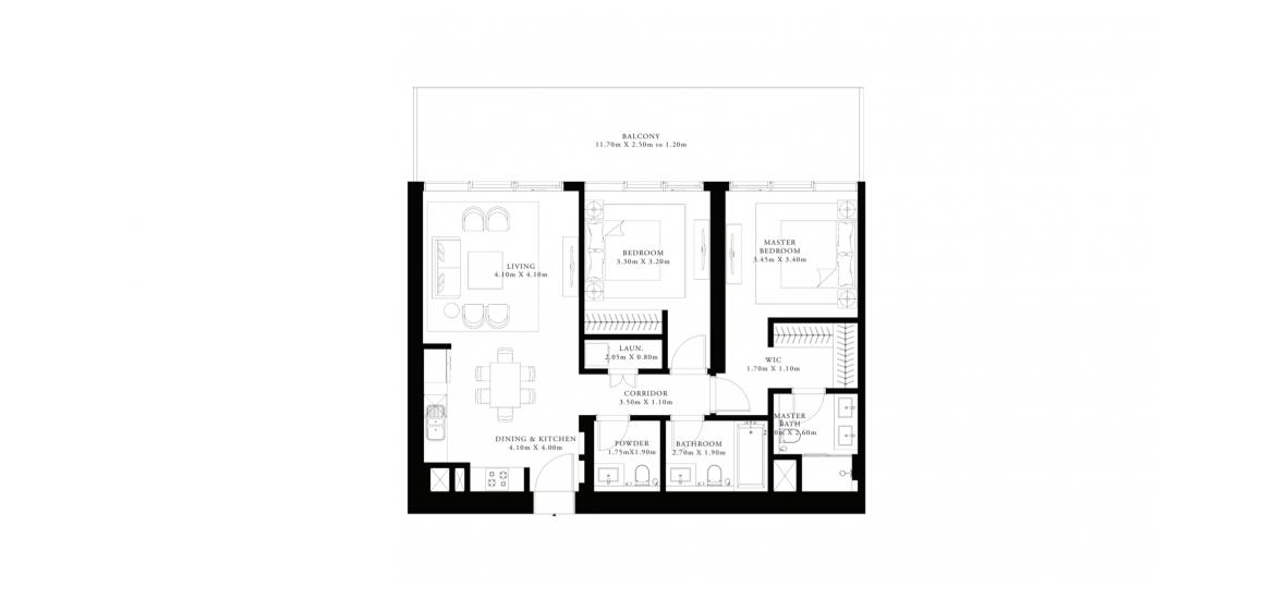 Plan d'étage de l'appartement «A», 2 chambres à GRAND BLEU TOWER