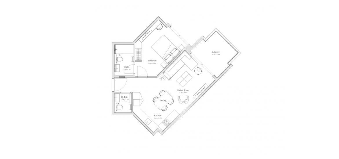 Plan d'étage de l'appartement «E», 1 chambre à coucher à REGALIA APARTMENTS