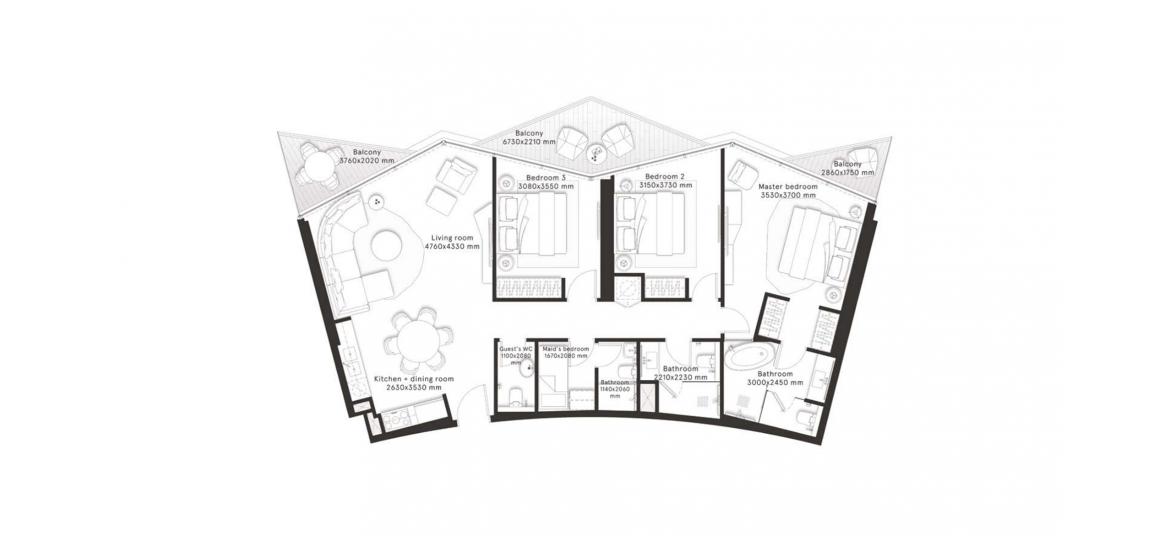 Plan d'étage de l'appartement «F», 3 chambres à W RESIDENCES DUBAI – DOWNTOWN