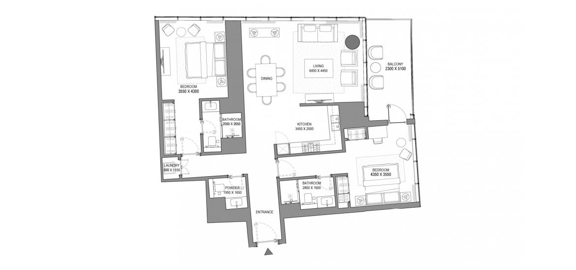 Plan d'étage de l'appartement «2BR TYPE C», 2 chambres à SOBHA SEAHAVEN