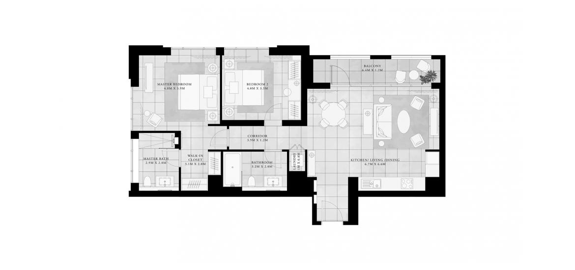 Планировка апартаментов «2BR 110SQM» 2 спальни в ЖК VIDA RESIDENCES