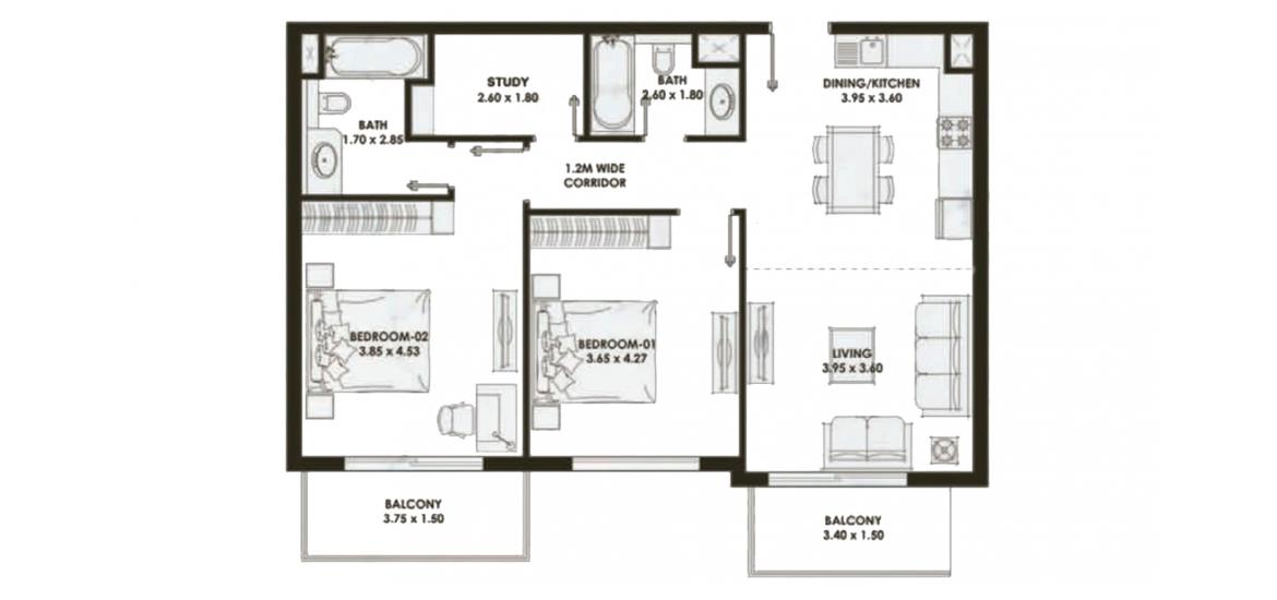 Планировка апартаментов «104sqm» 2 спальни в ЖК PEARLZ