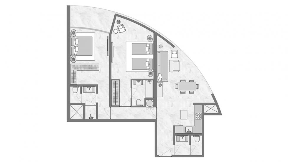 Планировка апартаментов «2 BEDROOM TYPE 2D-B 96 SQ.M.» 2 спальни в ЖК THE BILTMORE RESIDENCES SUFOUH